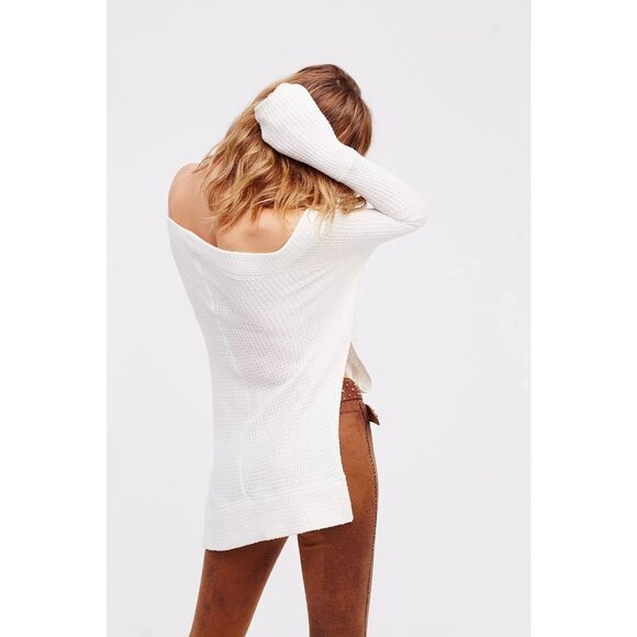 Free People Kate Thermal Waffle Tunic Sweater Off The Shoulder Top Sea Mist Sz S - Picture 8 of 9